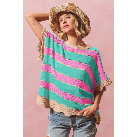 MULTI COLOR OPEN KNIT SCALLOP EDGE LIGHTWEIGHT TOP