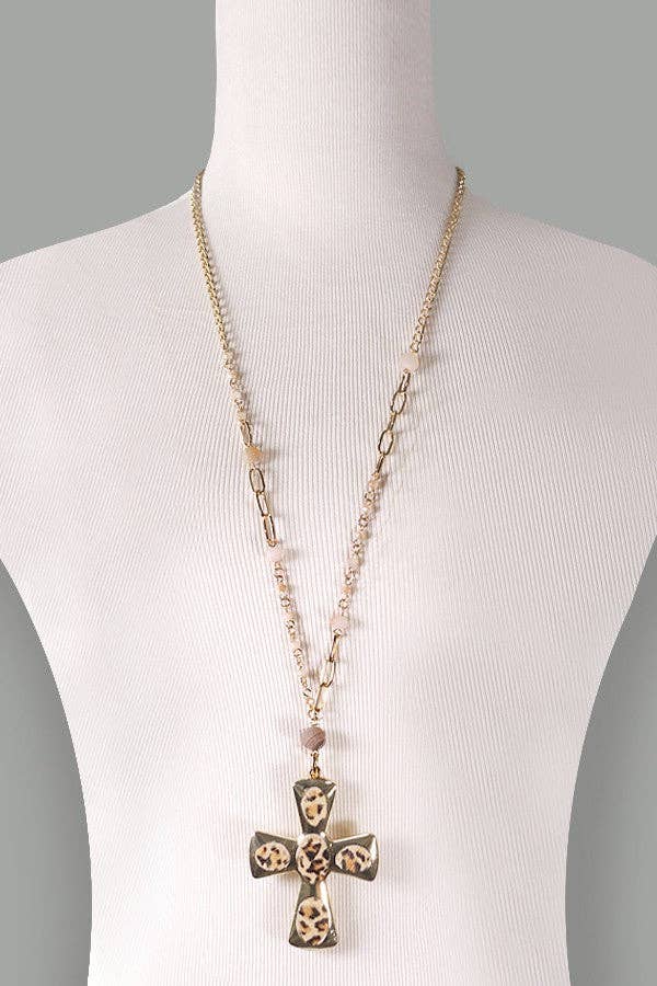 Gold Leopard Cross Long Beaded Necklace
