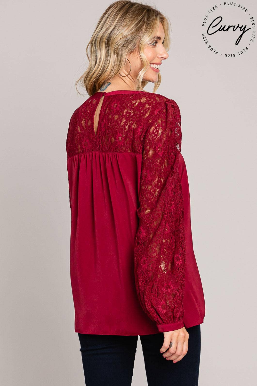 Plus Everyday Satin Lace-Neck Blouse / Wine