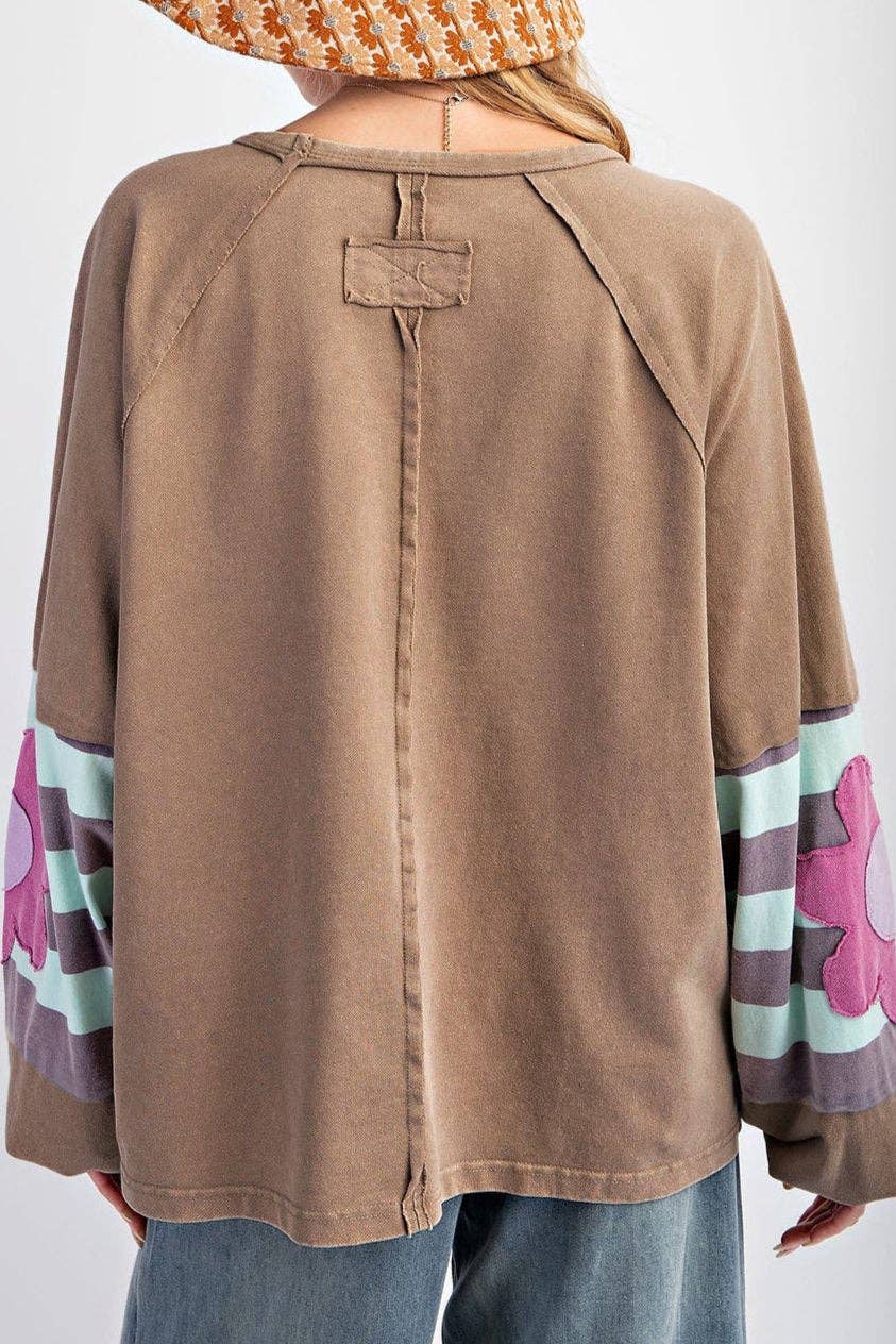 Khaki Floral Patchwork Sleeve Top