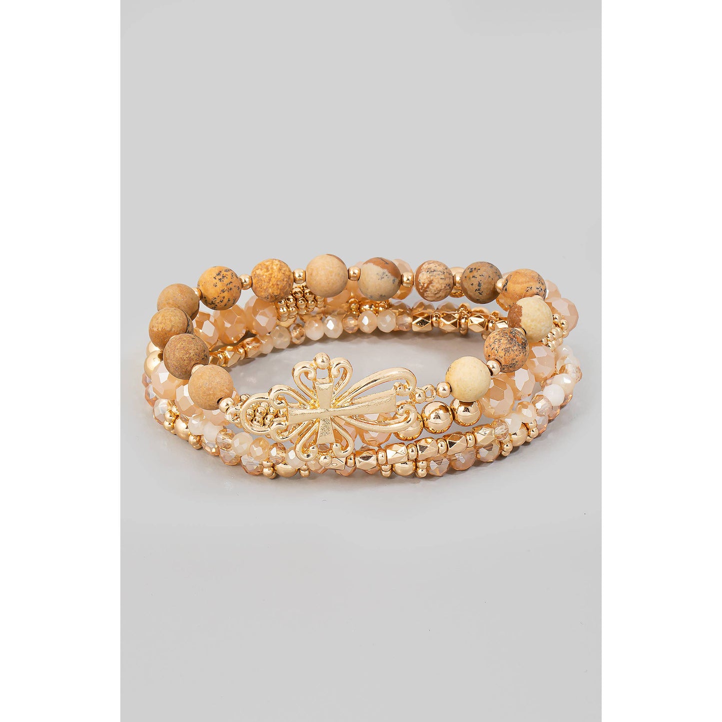 Beige Ornate Cross Charm Layered Beaded Bracelet Set