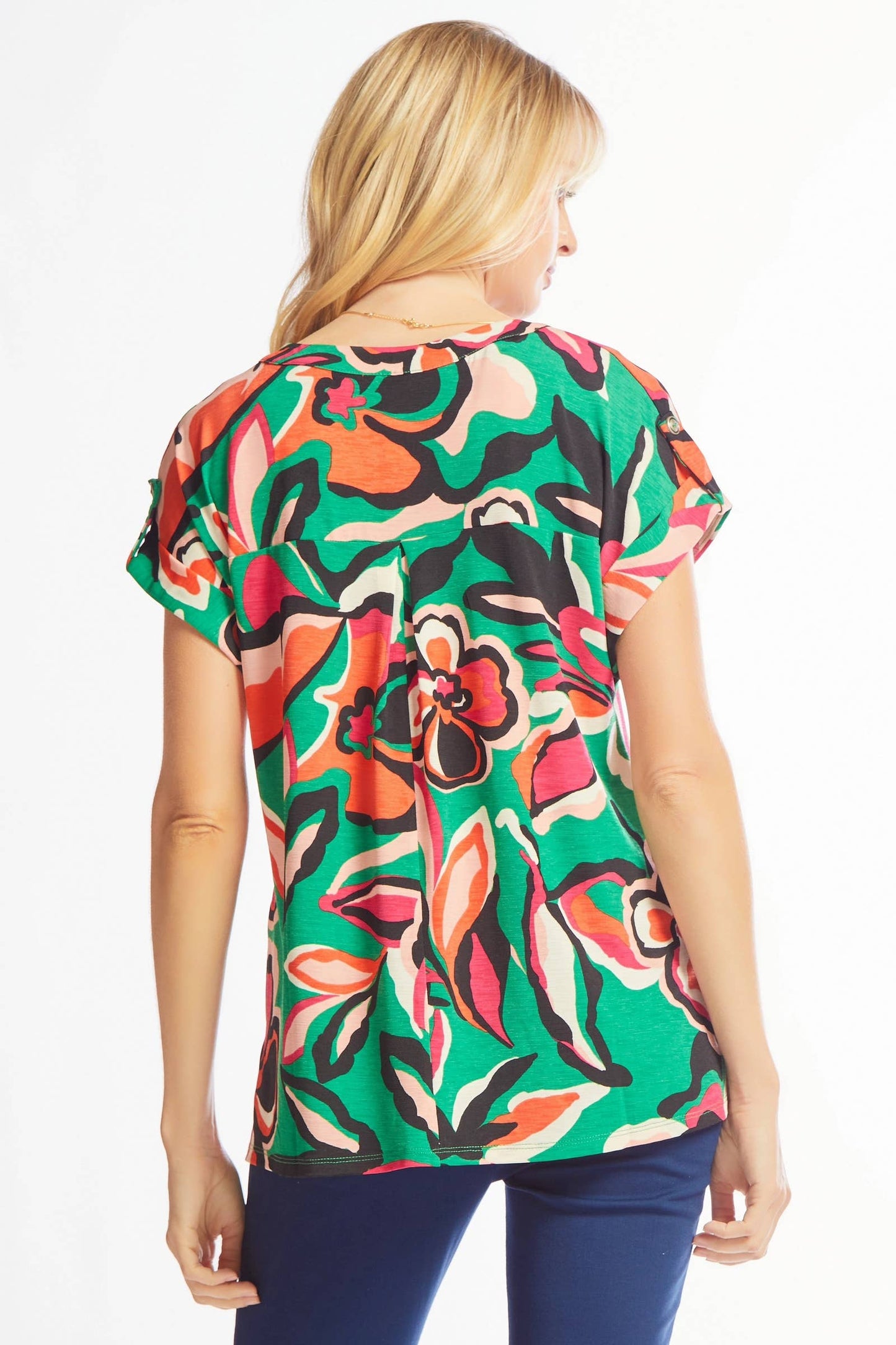 Green Tropical Lizzy Dolman Short Sleeve Wrinkle Free Top