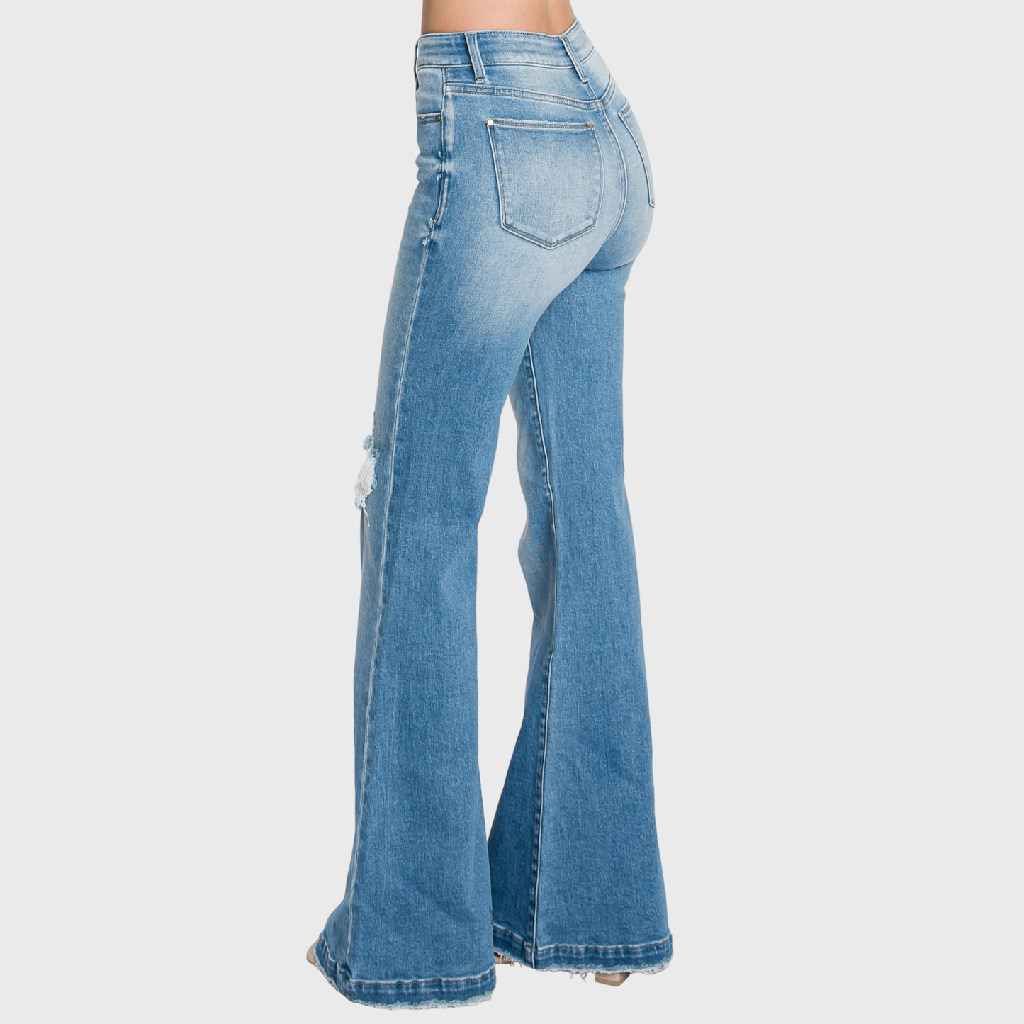 Petite Distressed Super High Rise 70’s Inspired Flare Jeans