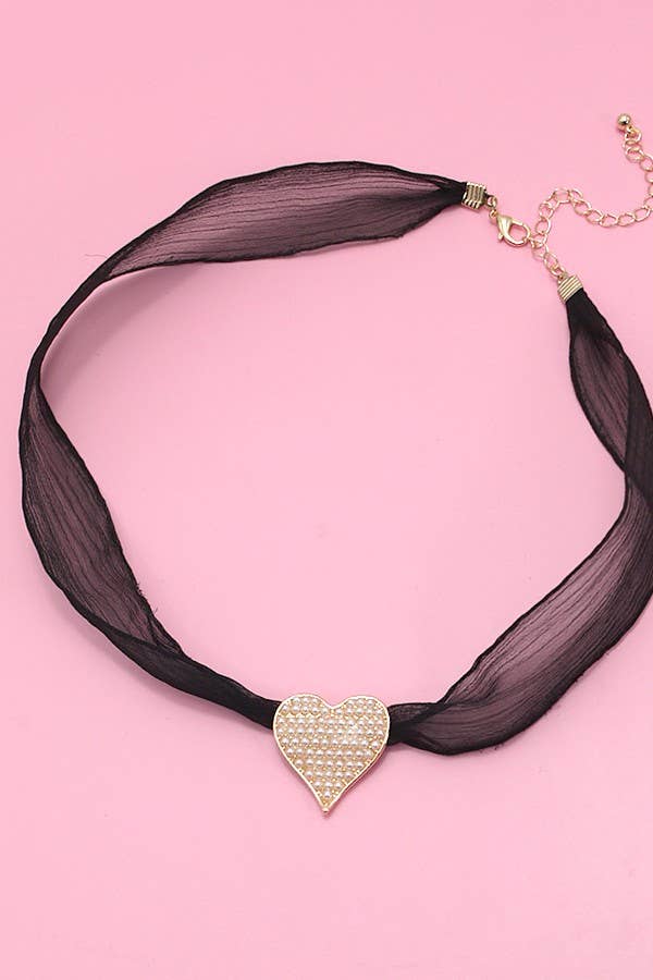 Pearl Heart Sheer Lace Chain Necklace