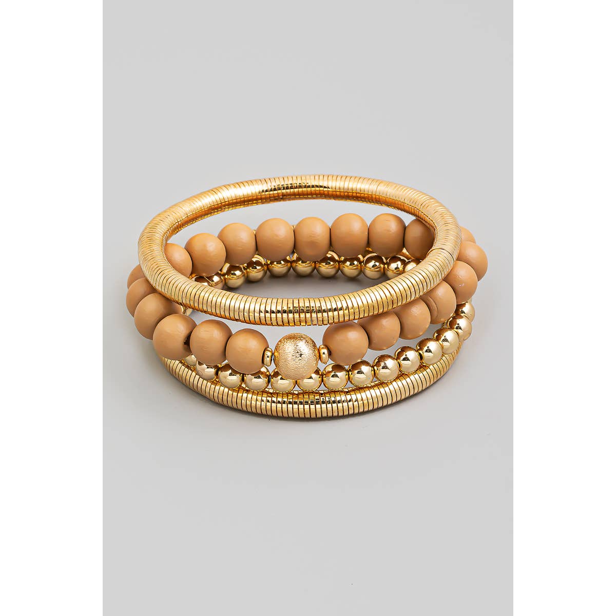 Light Brown Elastic Tube And Beaded Bracelet Set