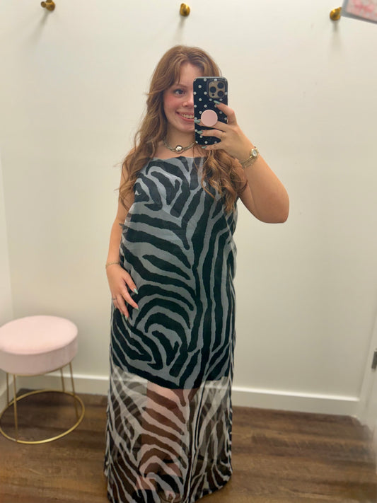 Zebra Print Sheer Overlay Maxi Dress