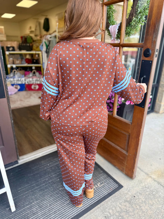 Brown & Blue Polka Dot 2pcs Lounge Set