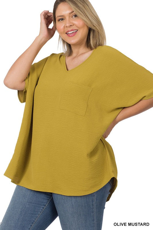 Olive Mustard Plus Woven Dolman Short Sleeve Top