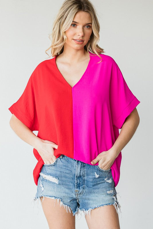 Plus V-Neck Colorblock Boxy Top