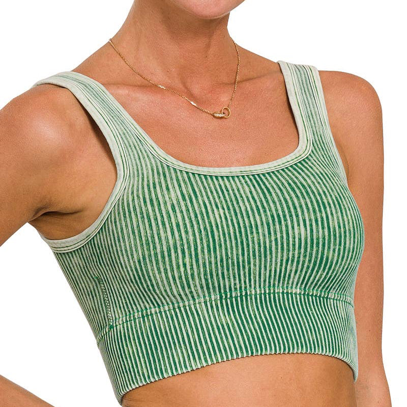 WASHED RIB SQUARE NECK CROP TANK TOP: DK GREEN