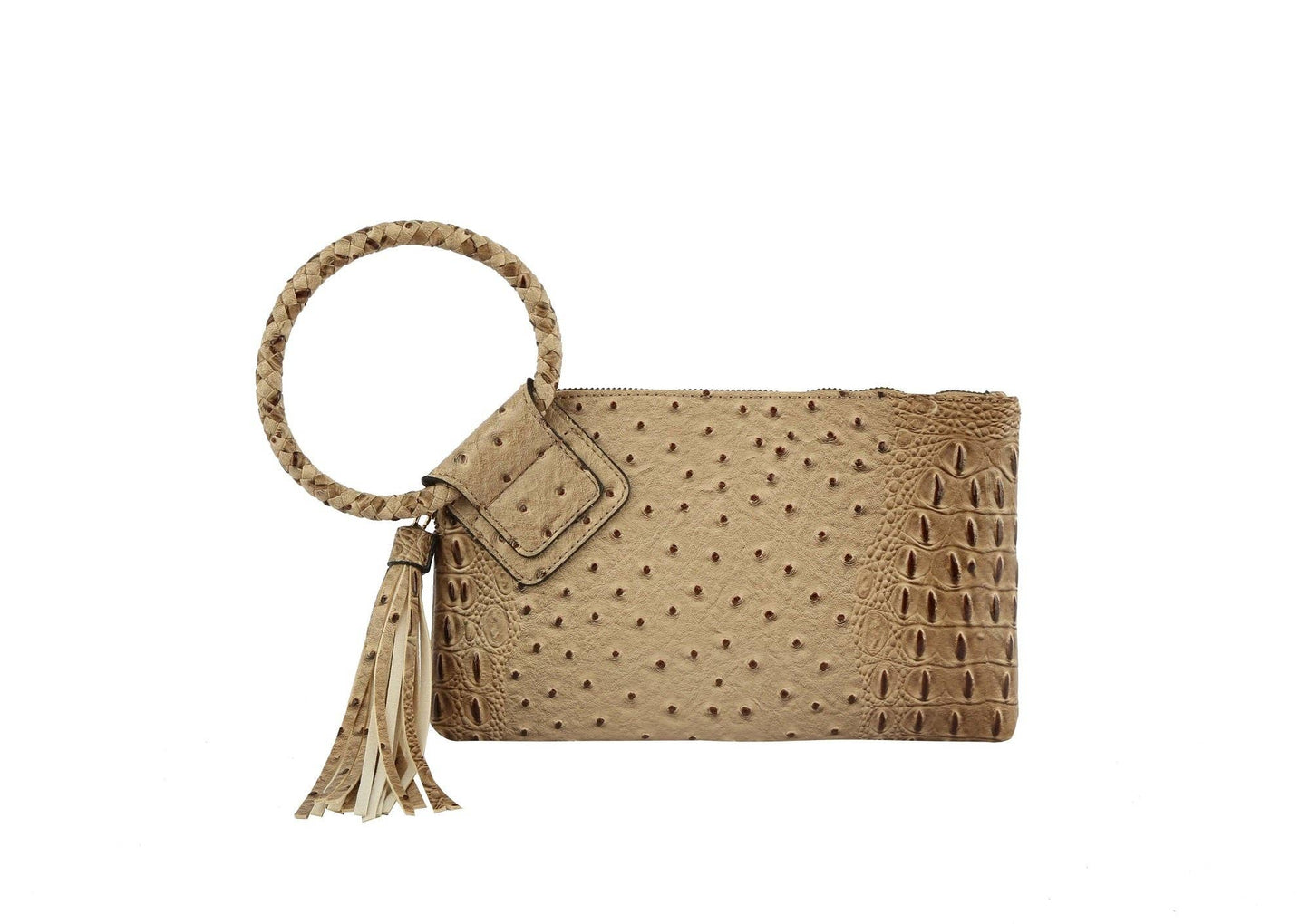 Tasia Croc Ostrich Bangle Wristlet/Clutch With Tassel: Taupe