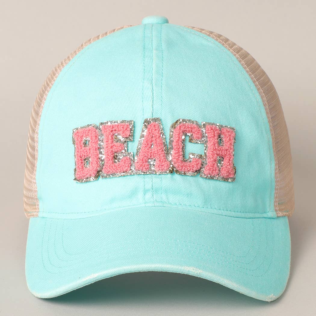 BEACH Chenille Letter Patch Mesh Back Baseball Cap