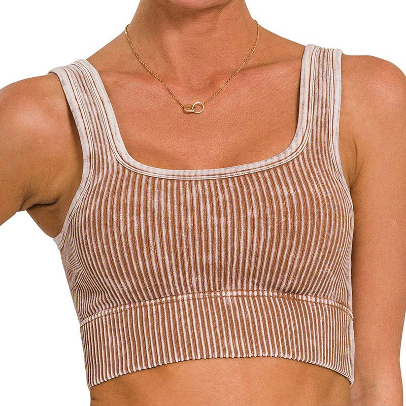 WASHED RIB SQUARE NECK CROP TANK TOP: DEEP CAMEL