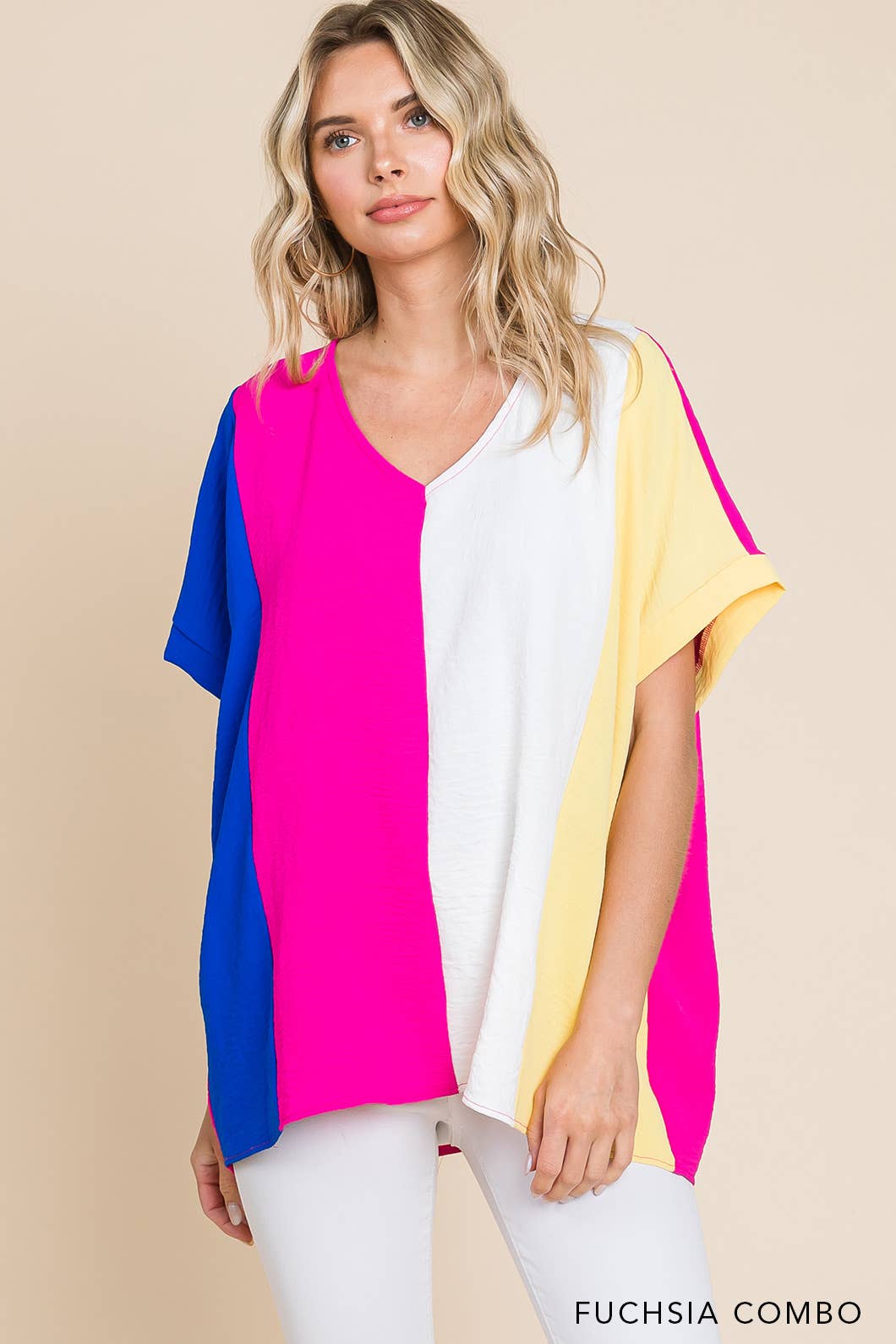 13787W-Women's Air Flow Color Block V Neck Top