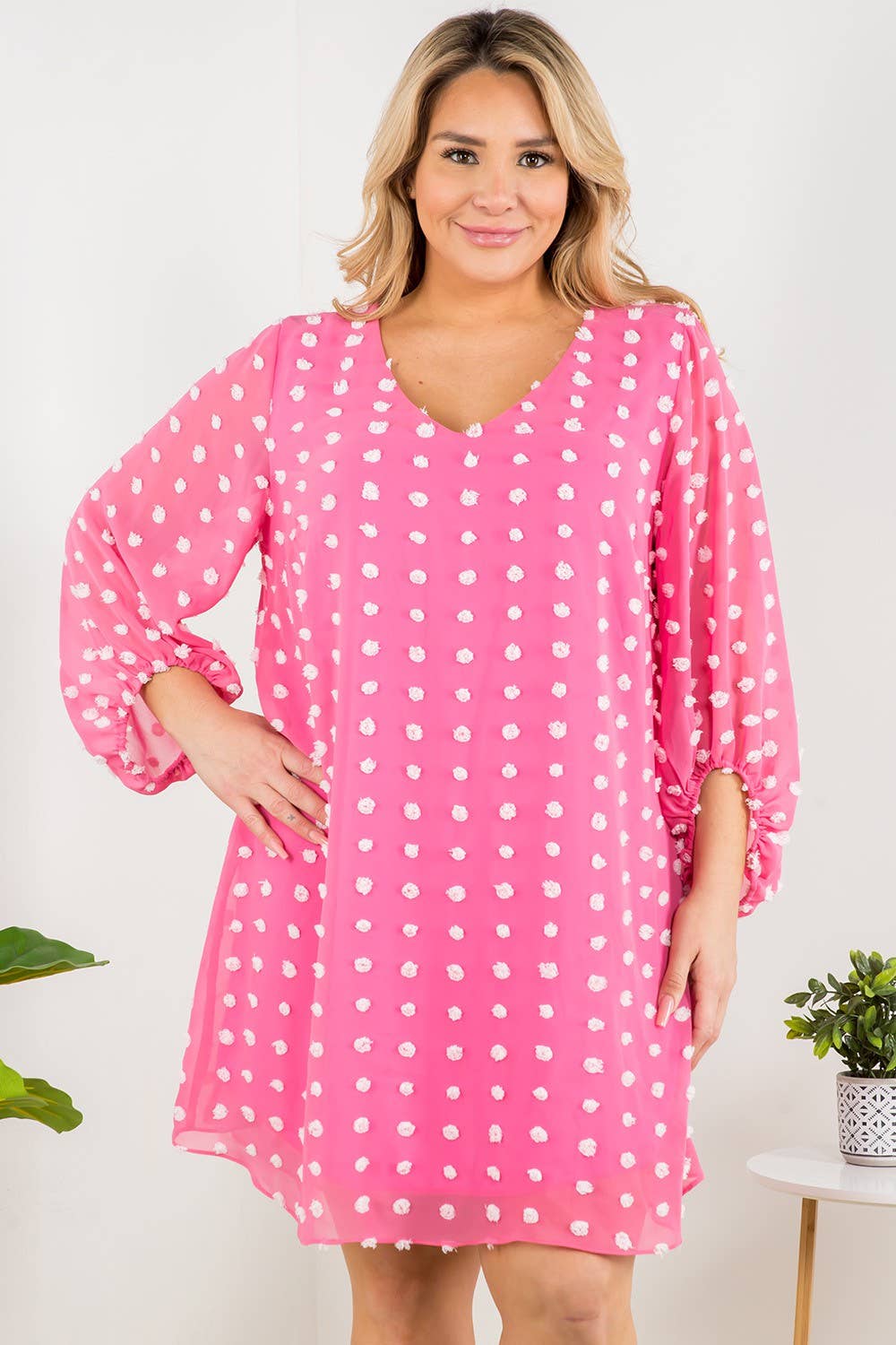 Pink V- Neck Bubble Sleeve Dot Dress
