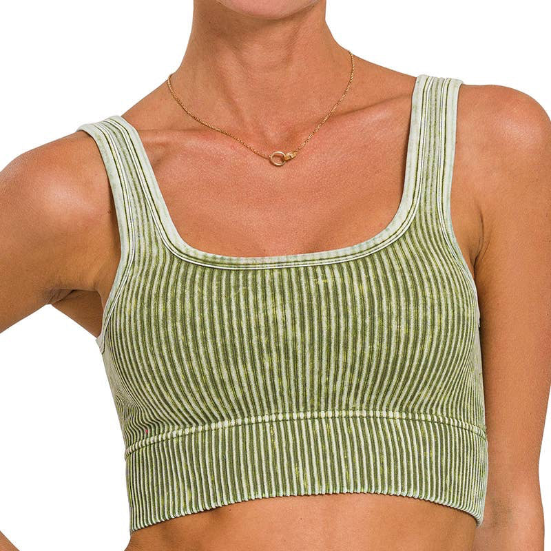 WASHED RIB SQUARE NECK CROP TANK TOP: ASH OLIVE