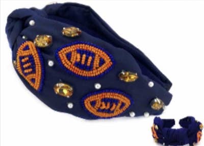 Orange with Navy Seed Bead Football Gameday Headband