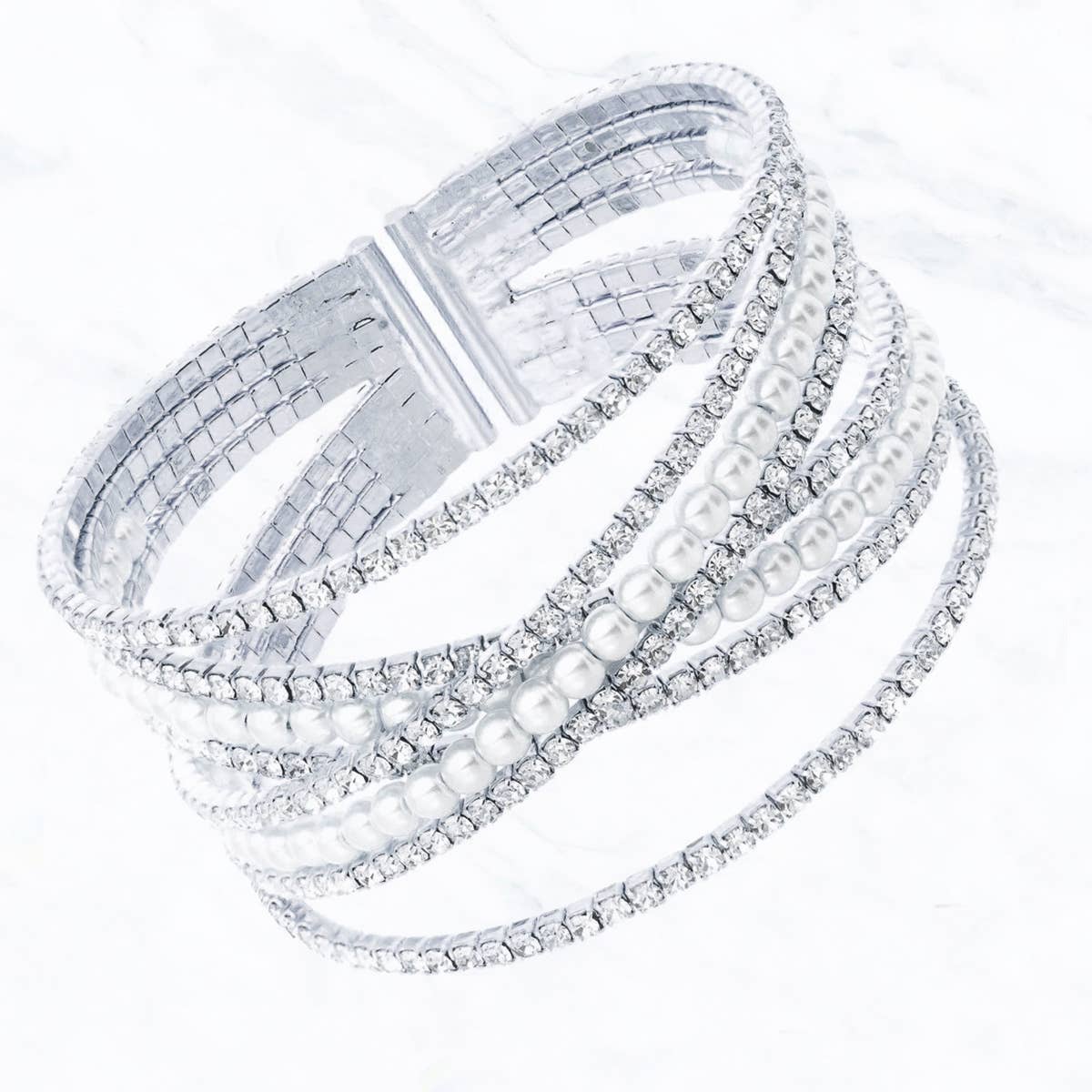 Clear and Pearl Cross Over Cuff Bracelet: Rhodium