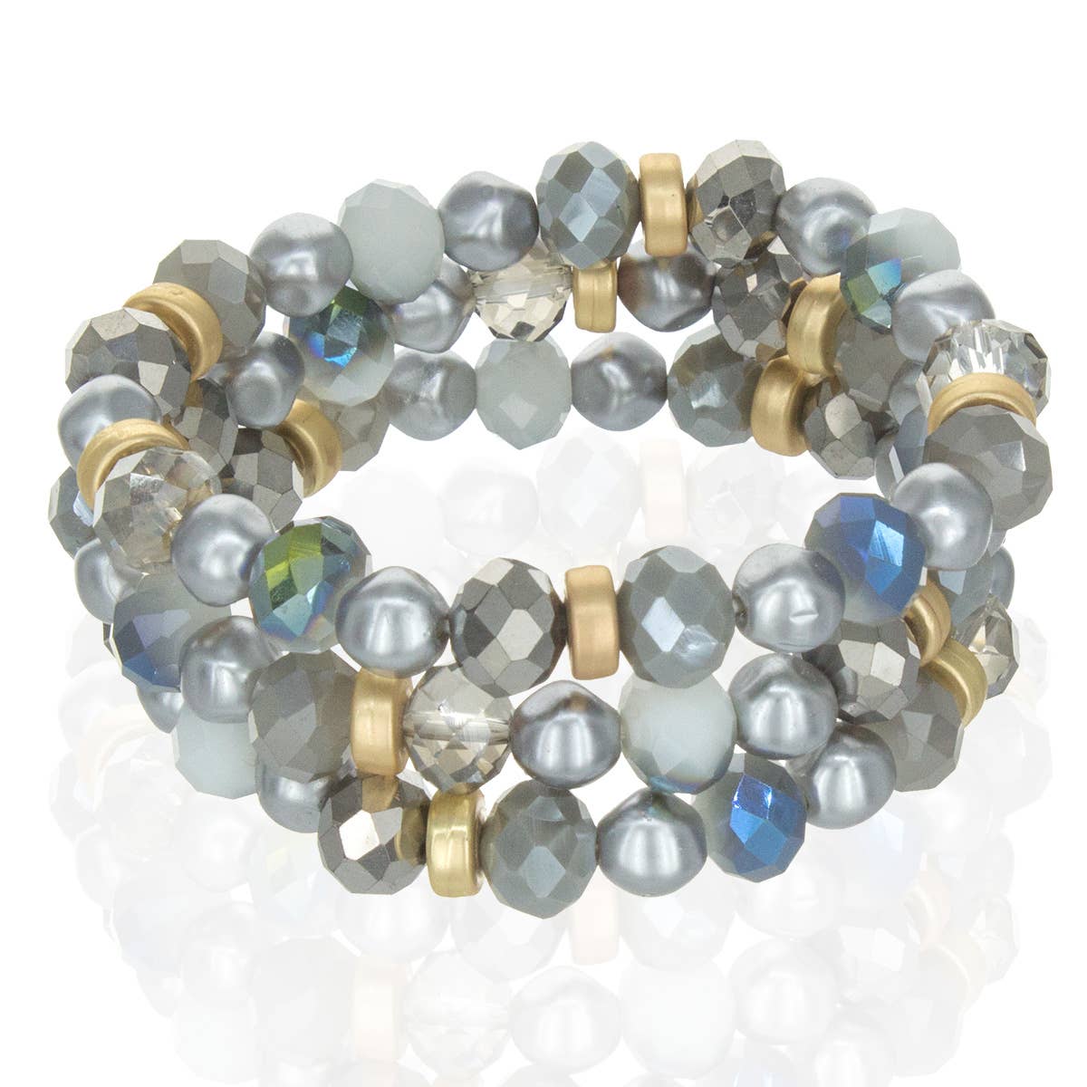 4 Row Bead Ball Glass Bead Stretch Bracelet: Grey
