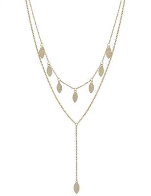 Gold Textured Leaf Y Drop 16"-18" Necklace