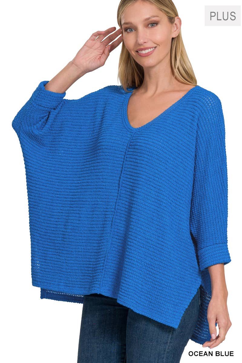PLUS SIZE 3/4 SLEEVE V-NECK HI-LOW HEM SWEATER: OCEAN BLUE