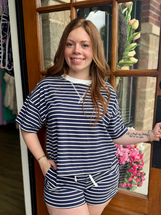 Navy Striped Cotton Tee & Shorts Set