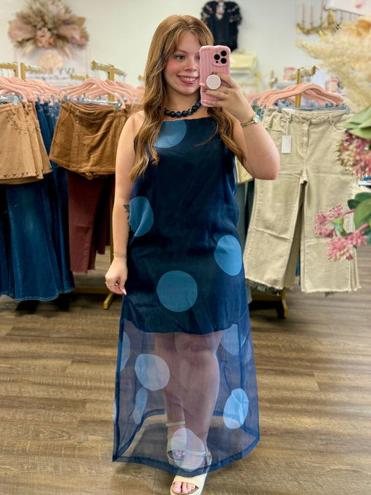 Navy Polka Dot Sheer Overlay Maxi Dress