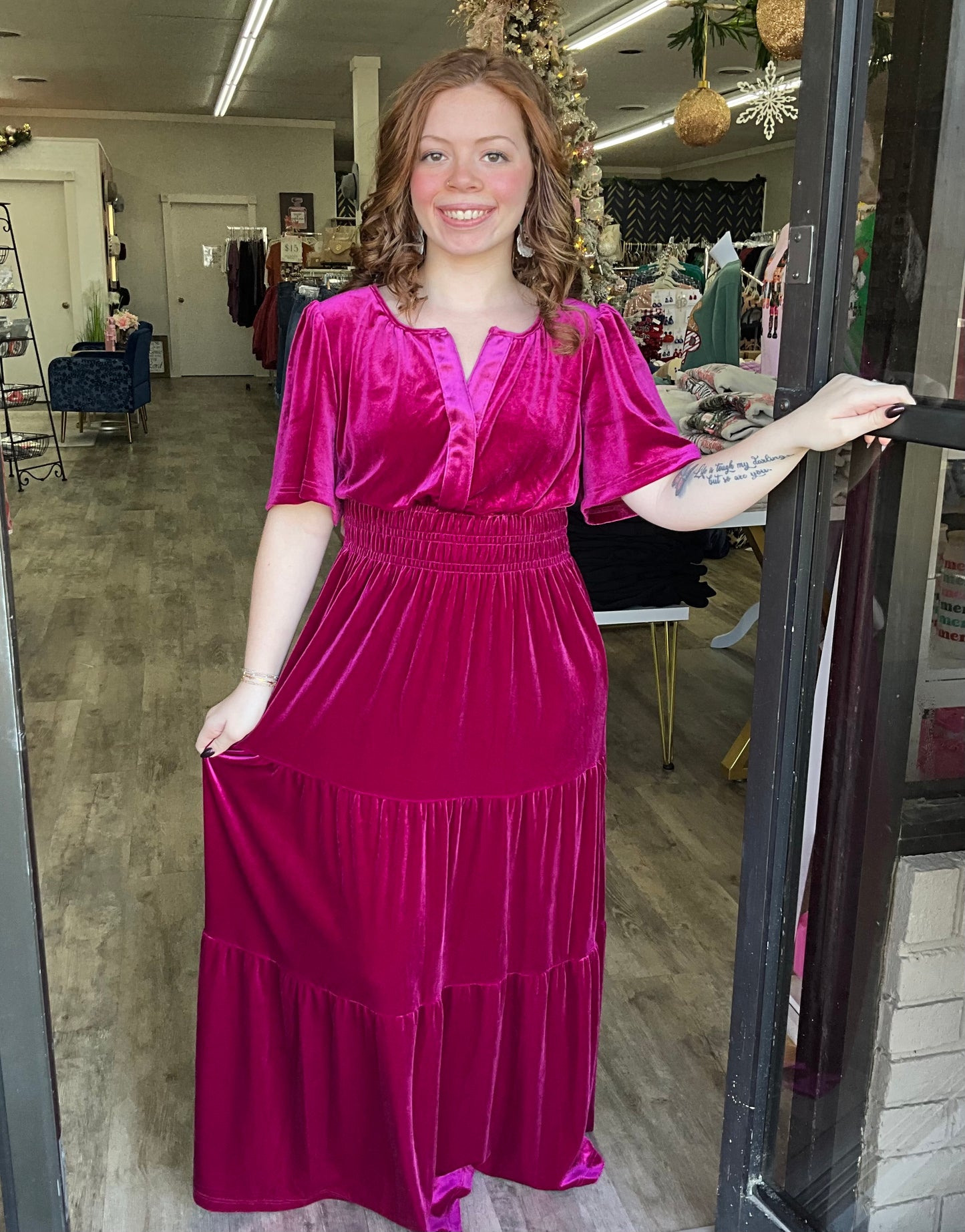 Fuchsia Velvet Shirred Waist Dress