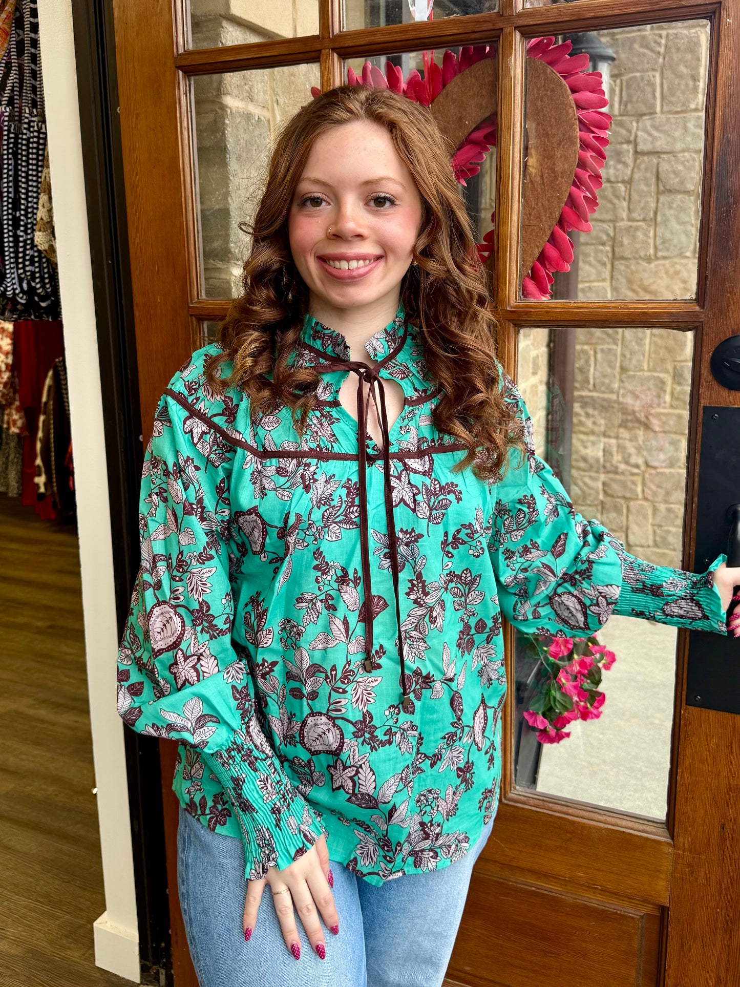 Green Leaf Print Shirred Top