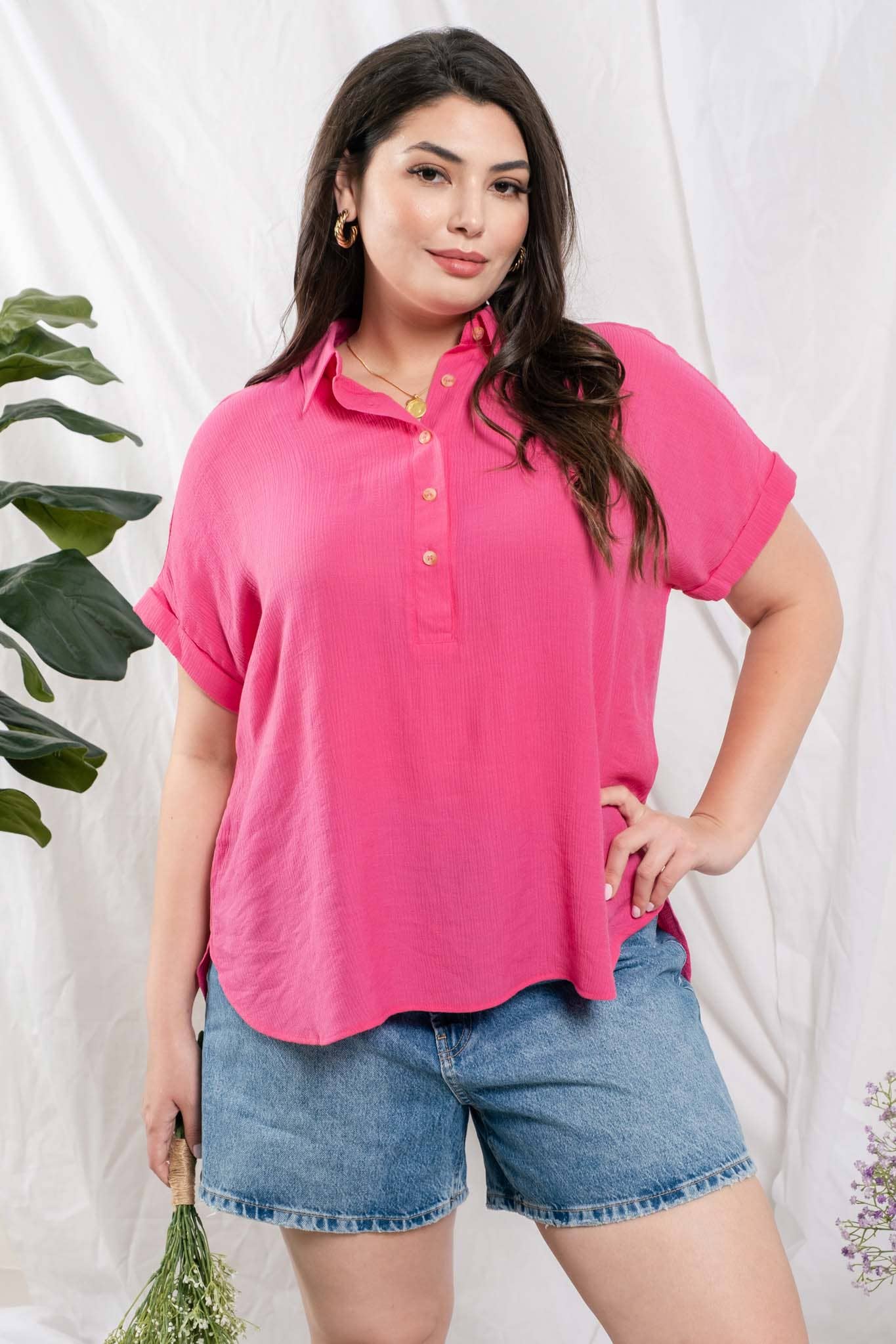 Plus Pink Mid Button Down Top
