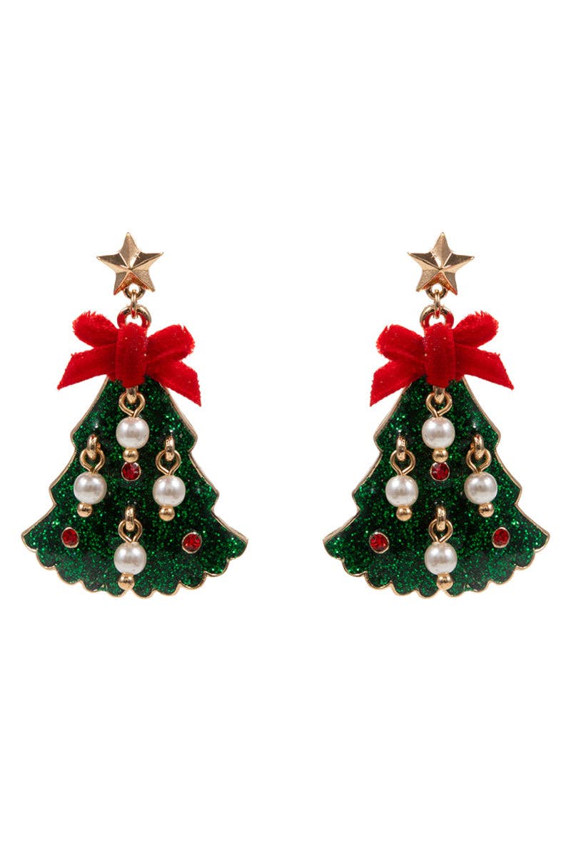 Green Acrylic Christmas Tree with Pearl Accents 1.75" Earring