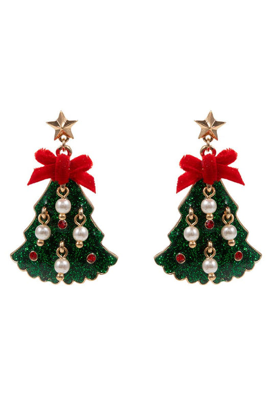 Green Acrylic Christmas Tree with Pearl Accents 1.75" Earring