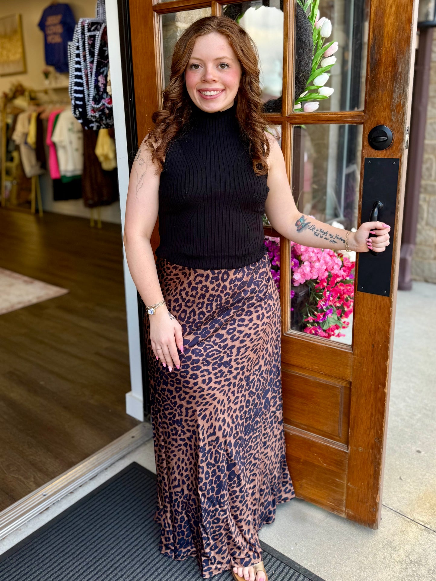 Brown Satin Leopard Print Maxi Skirt