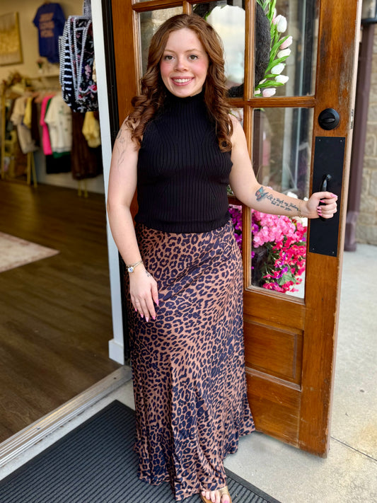 Brown Satin Leopard Print Maxi Skirt