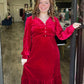 Red Velvet Buttoned Puff Sleeve Dress