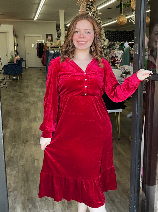 Red Velvet Buttoned Puff Sleeve Dress