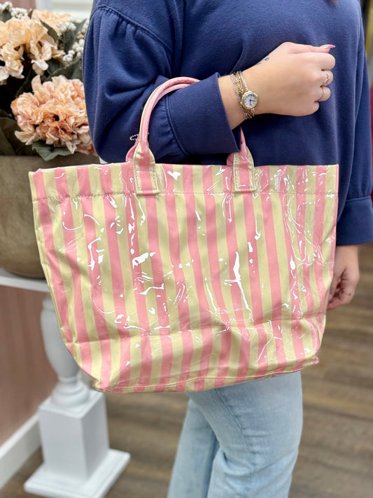 Pink & Yellow Glossy Striped Pool Tote Bag