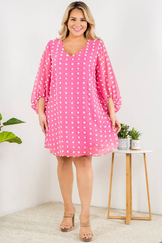Pink V- Neck Bubble Sleeve Dot Dress