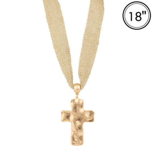 Gold Hammered Cross Fabric Necklace