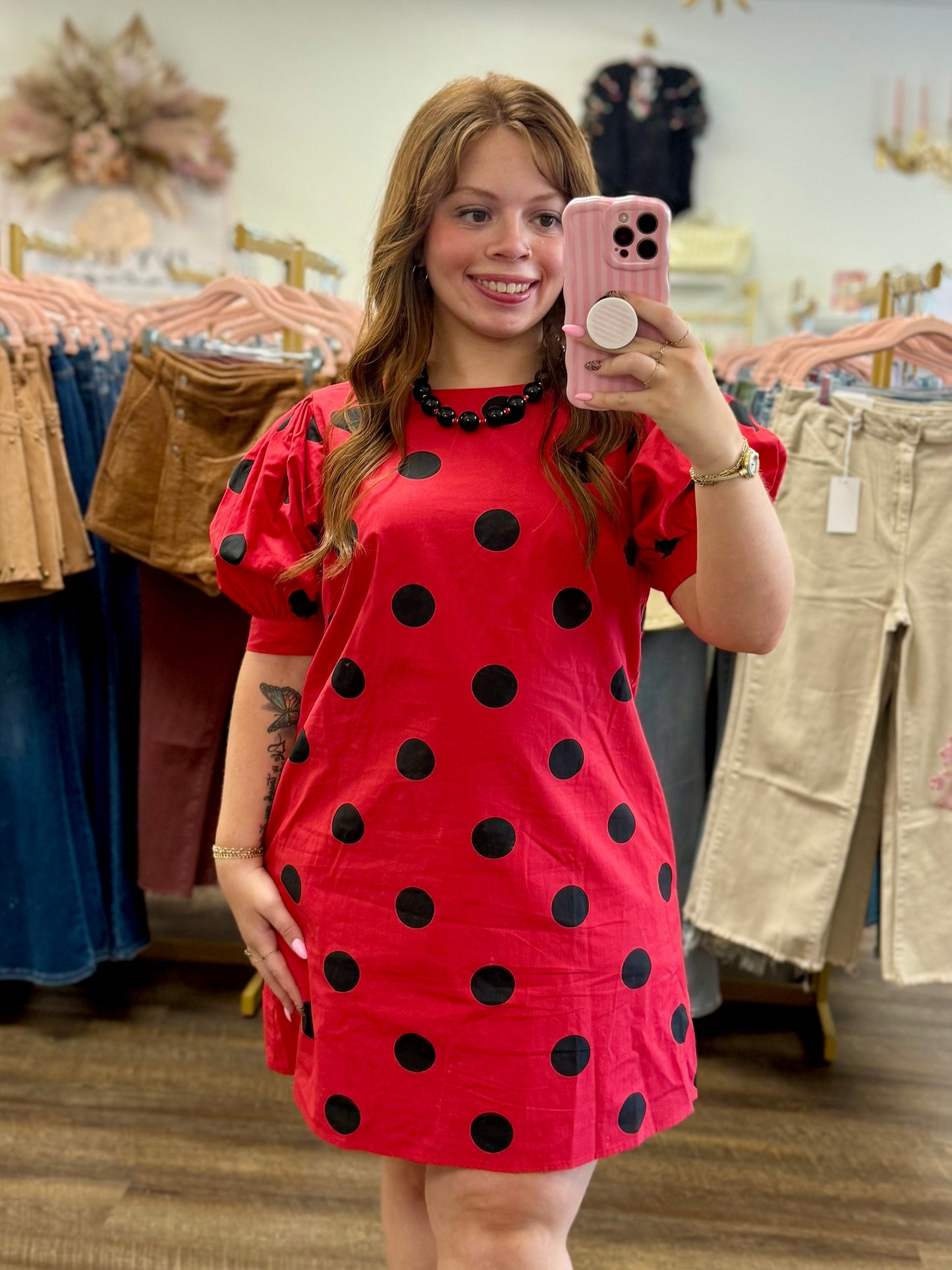 Red & Black Puff Sleeve Polka Dot Mini Dress