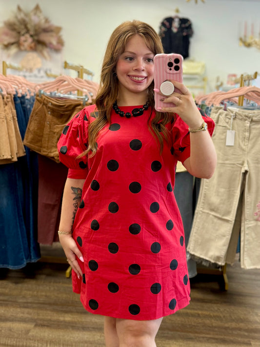 Red & Black Puff Sleeve Polka Dot Mini Dress