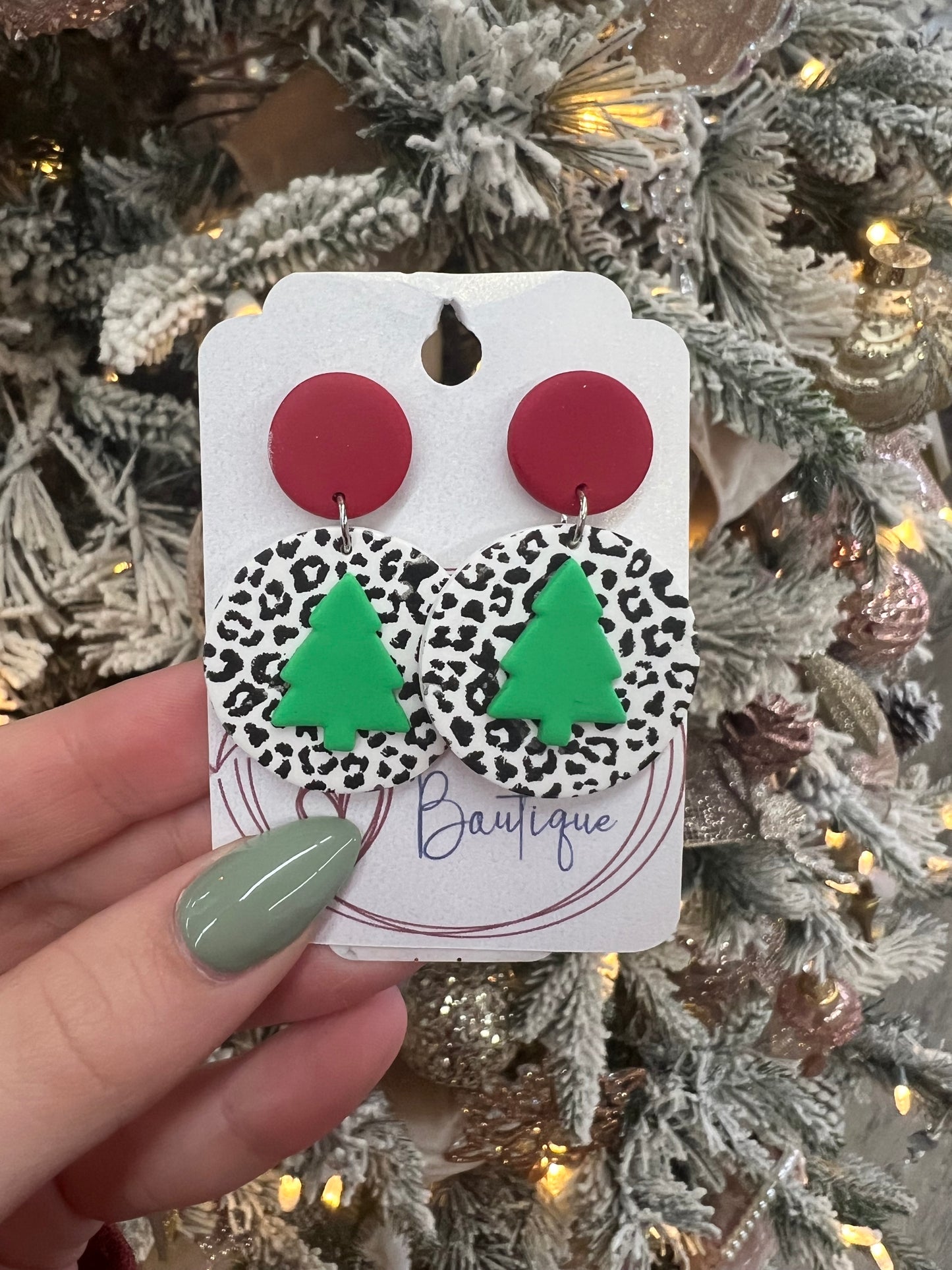 White Cheetah Christmas Tree Earrings