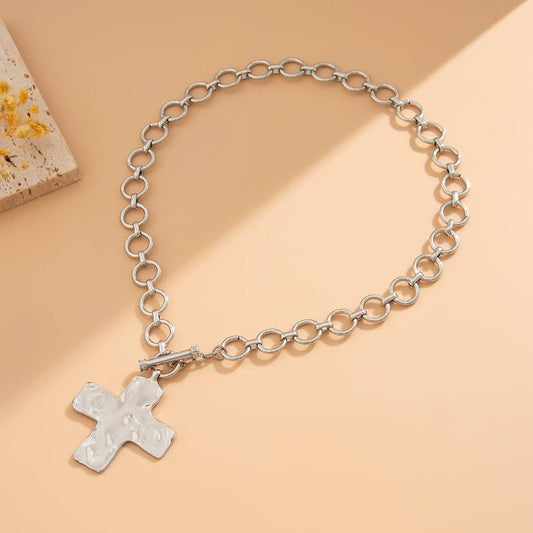 Silver Hammered Cross Toggle Necklace