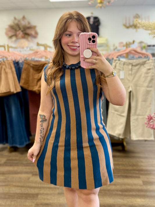 Navy & Mocha Sleeveless Striped Sweater Mini Dress