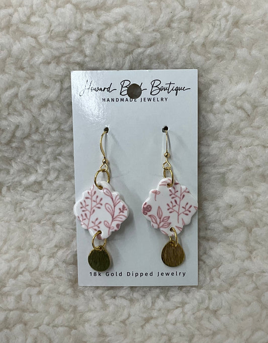 Pink Floral and Gold Dangle Earrings