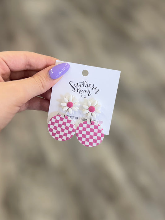 Pink Flower Checker Dangles