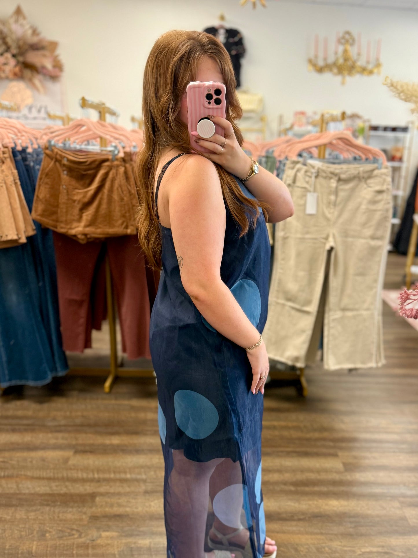 Navy Polka Dot Sheer Overlay Maxi Dress
