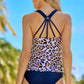 Black Leopard Strappy Back Tankini Set With Ruched Bottom