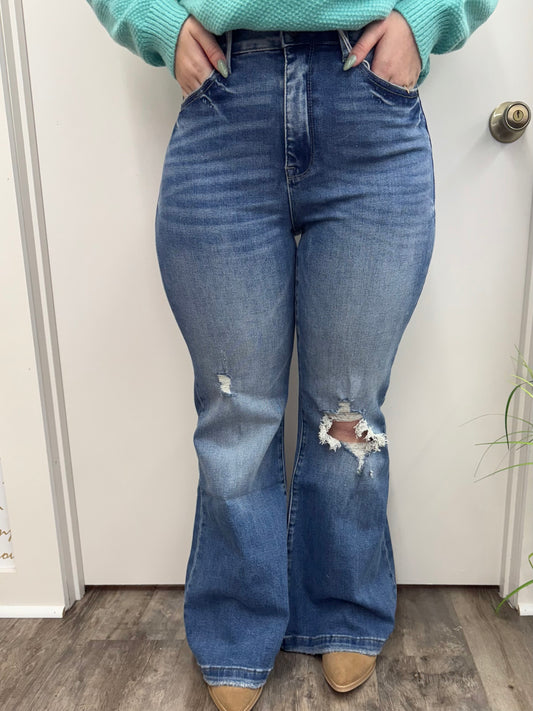 Petite Distressed Super High Rise 70’s Inspired Flare Jeans