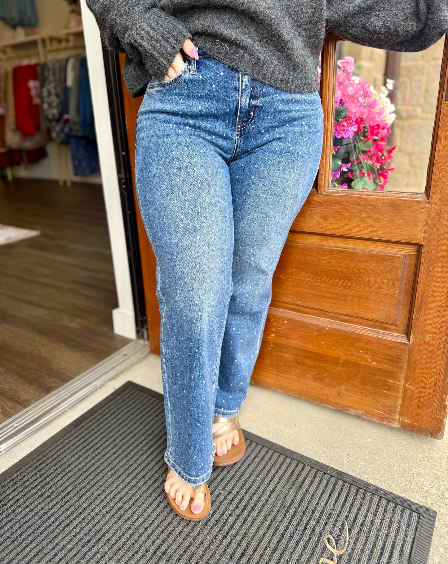 High Rise Rhinestone Wide Leg Ankle Jeans